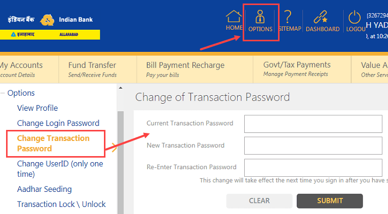Indian Bank Transaction password reset