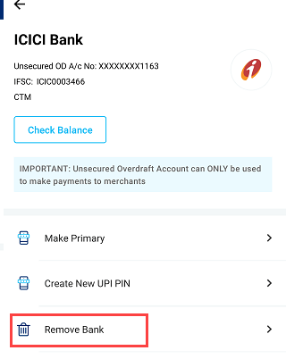 Remove bank account paytm