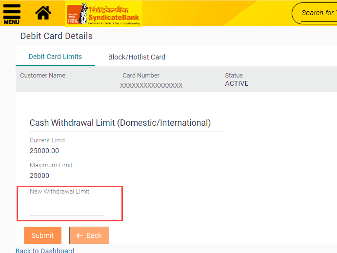 Syndicate Bank ATM Withdrawal limit