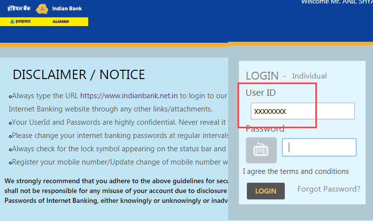 Indian Bank forgot User ID