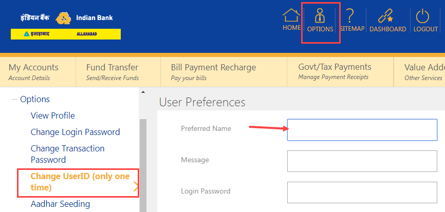 Indian Bank User ID recover change