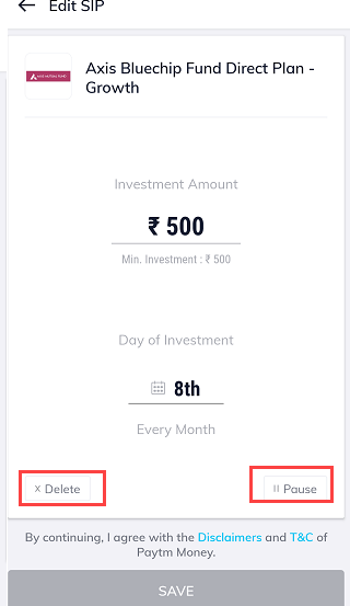 Paytm Money SIP pause delete