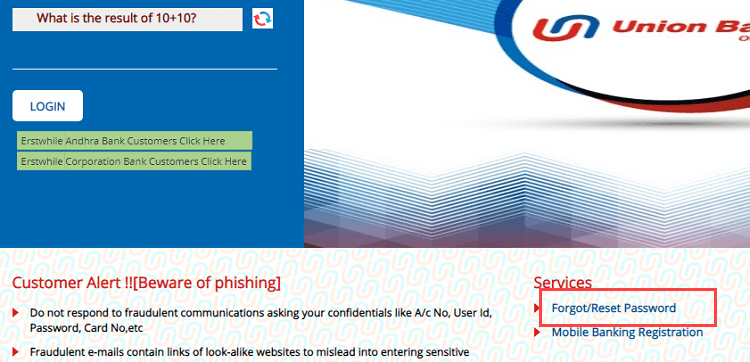 Reset Union Bank of India Net Banking Login Password