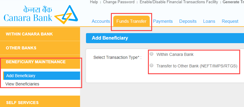 Canara Bank Add Beneficiary