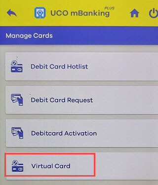 UCO Bank virtual ATM/Debiit card