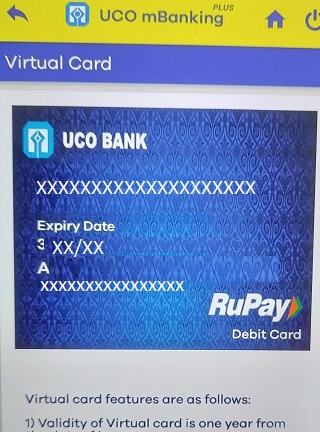 UCO Bank virtual ATM/Debiit card