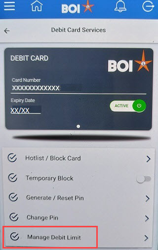 Bank of India Manage Debit Card Limit