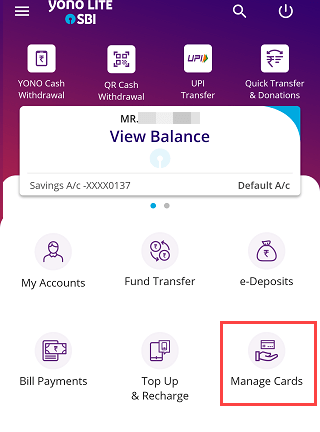 SBI YONO Lite manage cards