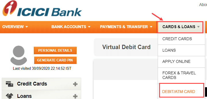 icici net banking manage debit card
