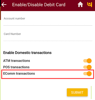 PNB Mobile Banking enable online transactions Debit card