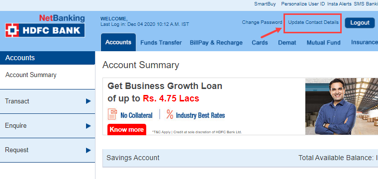 HDFC bank change update address
