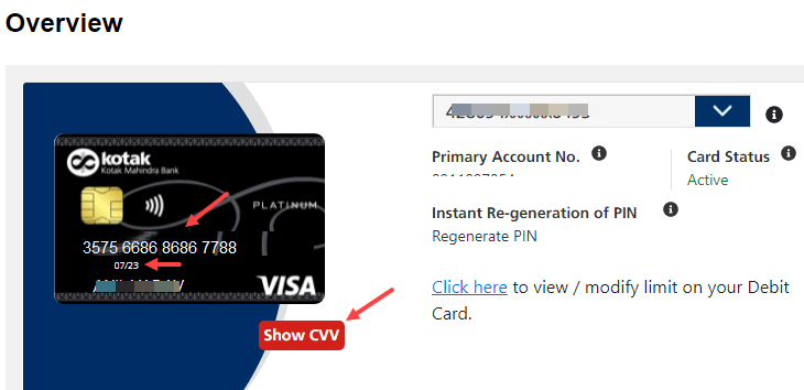 Check Kotak Bank ATM/Debit Card Details online