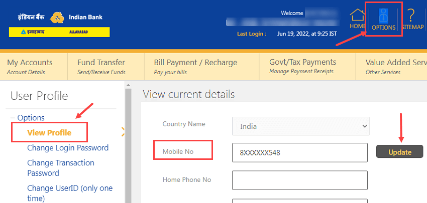 Update Indian Bank Registered Mobile Number Online