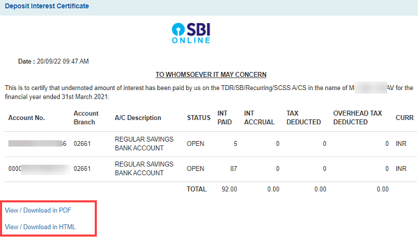 Download SBI Account Interest Certificate Online