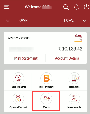 Indusind mobile banking Cards section
