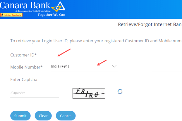 canara bank net banking user ID