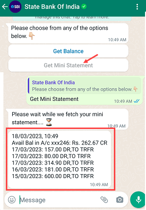 SBI Check balance and statement on WhatsApp