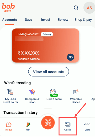 Check Bank of Baroda Cards section