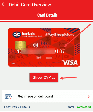 Kotak Bank Debit Card number CVV expiry date online check