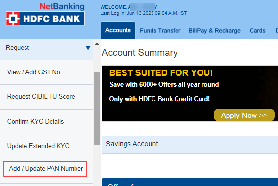 update/add Pan card HDFC account online