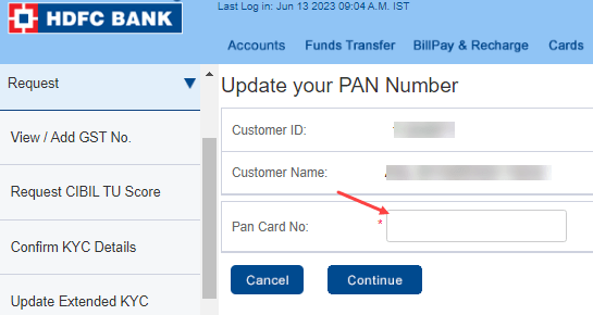 update/add Pan card HDFC account online