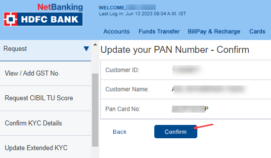 update/add Pan card HDFC account online