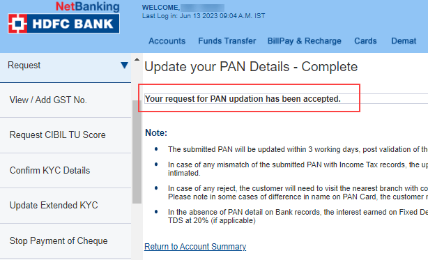 update/add Pan card HDFC account online