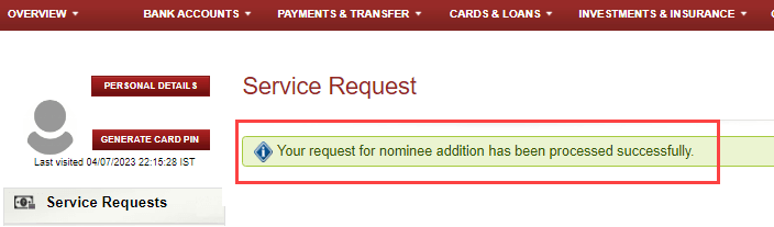 Add Nomination Online ICICI Bank