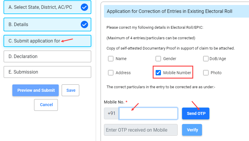 Link register mobile number with Voter ID Card EPIC