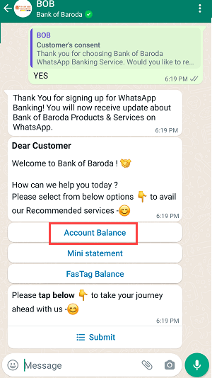Get Bank of Baroda Account Balance on WhatsApp