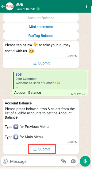 Get Bank of Baroda Account Balance on WhatsApp