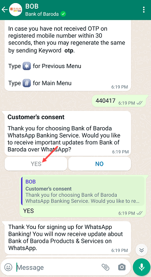 Get Bank of Baroda Account Balance on WhatsApp