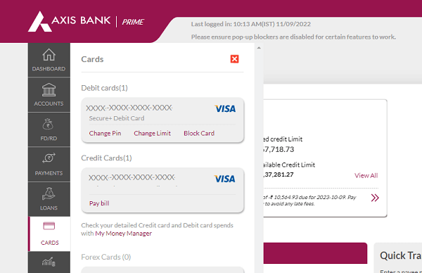 Axis Bank credit card Pin generate Online