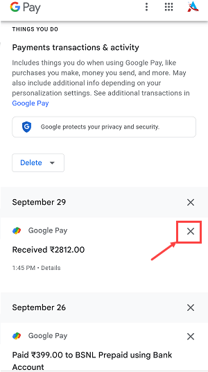 Delete Transaction history GooglePay