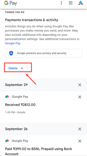 Delete Transaction history GooglePay