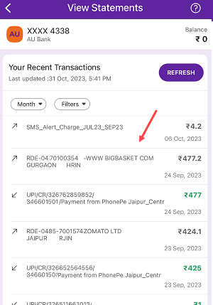 Check Au Bank statement PhonePe Aggregator