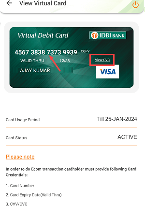 IDBI Mobile Banking Create Virtual Debit Card