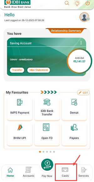 IDBI Mobile Banking Cards section 