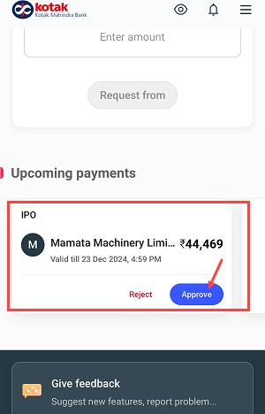 Approving IPO Mandate from Kotak Lite Mobile Banking