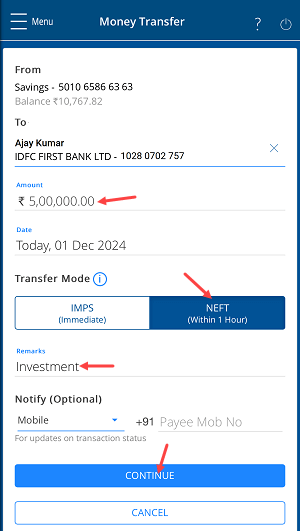 Transfer Money via NEFT from HDFC Mobile Banking