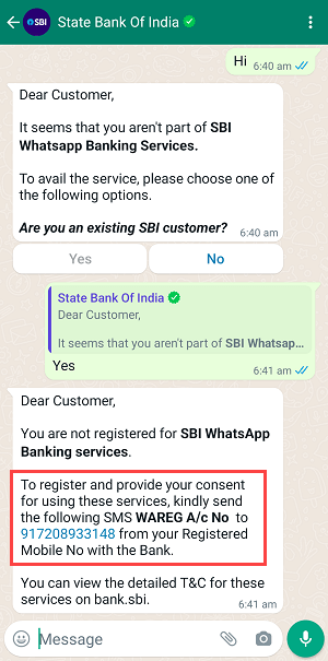 Activate SBI WhatsApp Banking