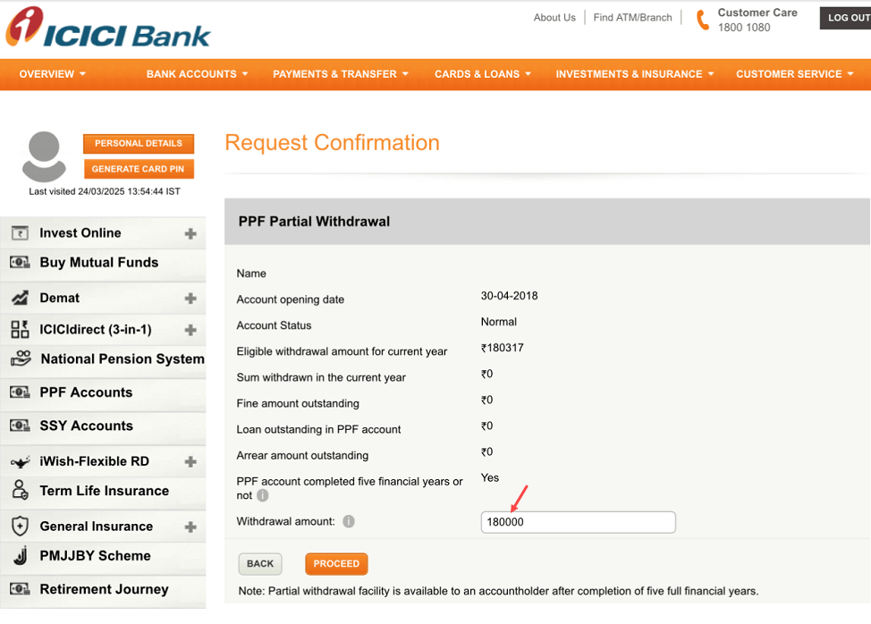 Online PPF Partial Withdrawal with ICICI Bank