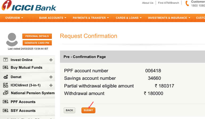 Online PPF Partial Withdrawal with ICICI Bank