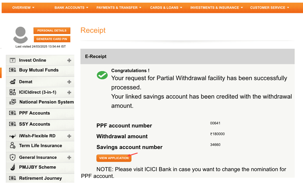 Online PPF Partial Withdrawal with ICICI Bank